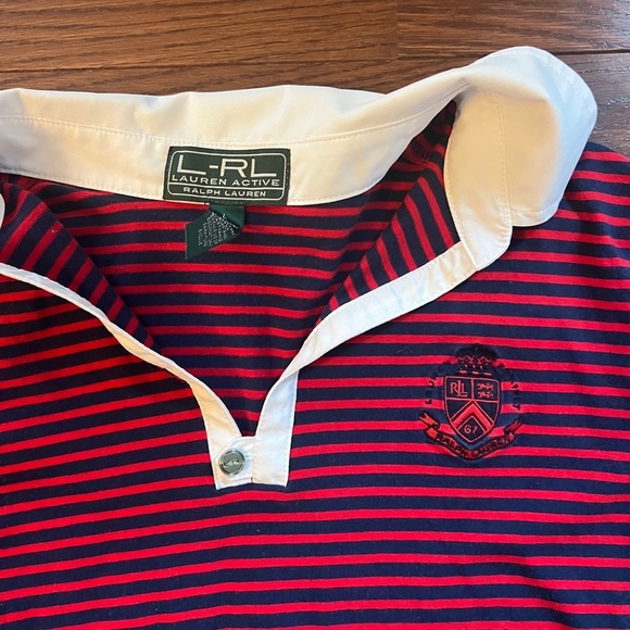 Lauren Activewear Ralph Lauren Red & Navy Striped Collared Shirt Size Large - Picture 3 of 5